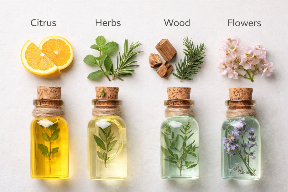 Aceites esenciales clasificados por grupos de aromas, uno junto a otro: cítricos, hierbas, madera y flores.