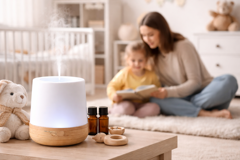 Difusor con aceite esencial en una habitación infantil, suave niebla y ambiente tranquilo durante la lectura compartida