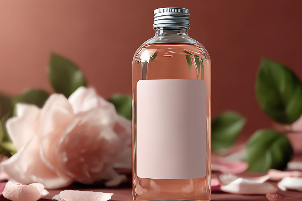Frasco de cristal con agua floral y una flor, símbolo del cuidado aromático suave