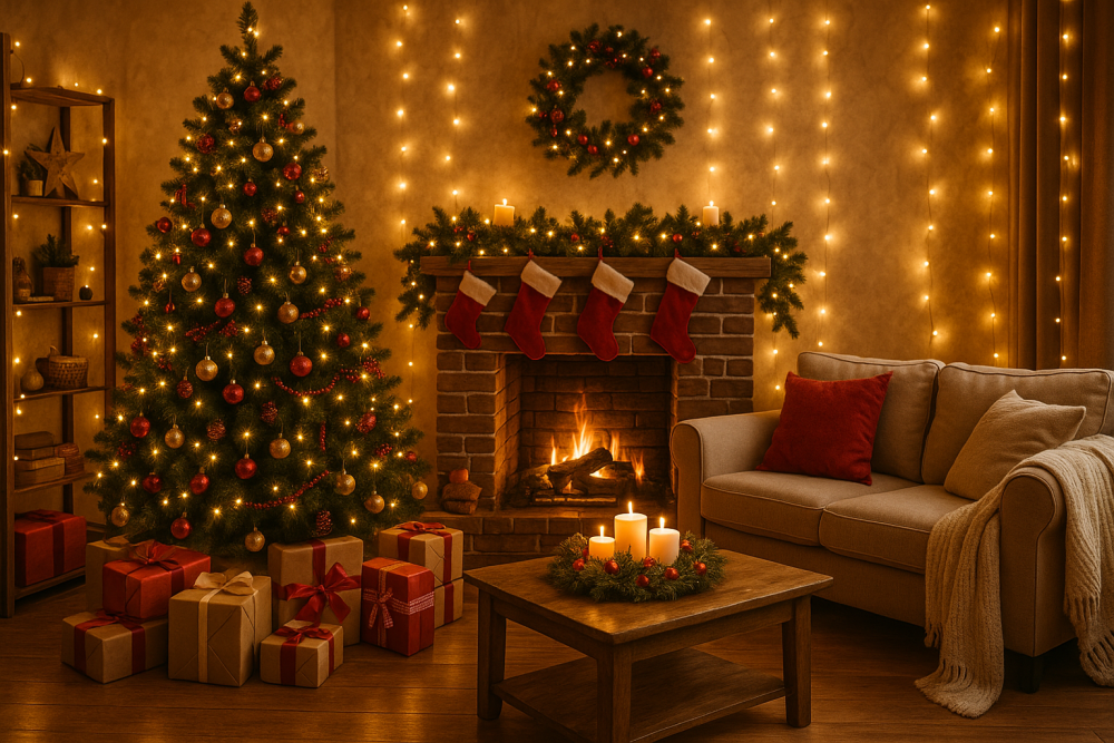 Un acogedor salón decorado para Navidad con lucecitas, árbol de Navidad, chimenea y velas, que crea un cálido ambiente festivo.
