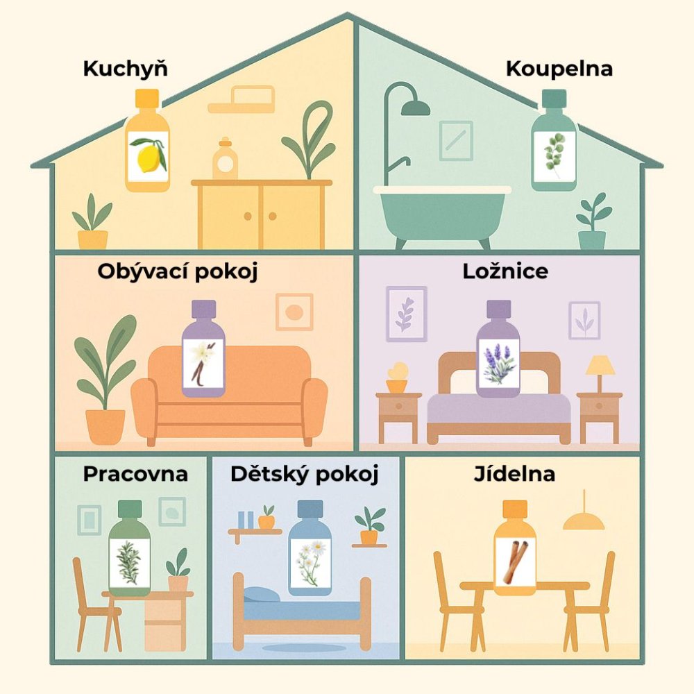 Ilustración de una casa con los aceites esenciales recomendados para cada habitación
