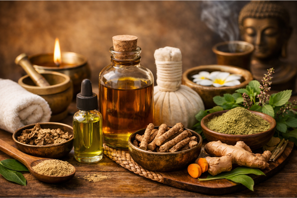 Cosmética y aceites ayurvédicos: macerados oleosos tradicionales, materias primas herbales y utensilios de masaje en una tranquila composición natural