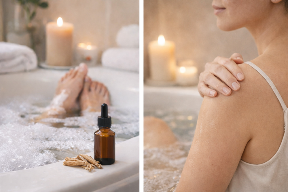 Uso de la ashwagandha en cosmética: ritual de baño con aceite y suave masaje corporal en un ambiente tranquilo