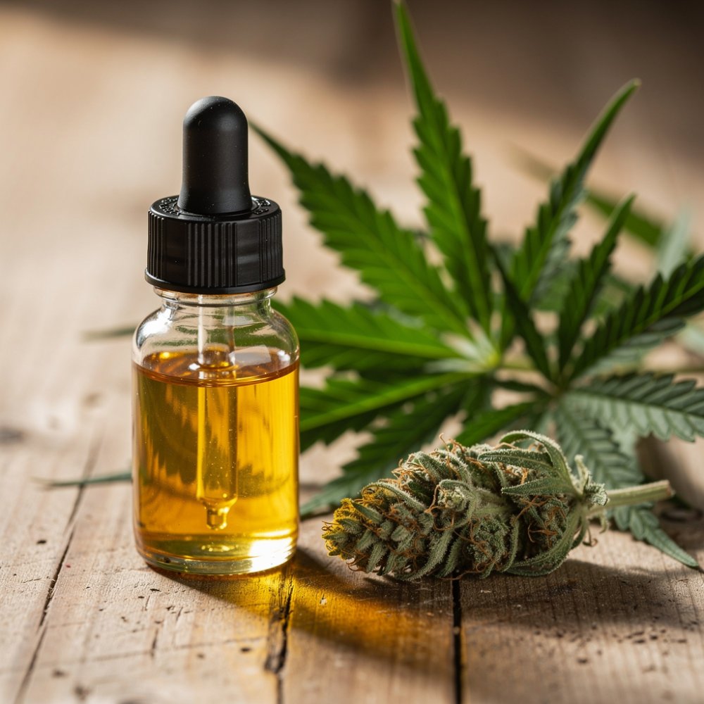 botella de aceite de CBD con gotero y hojas de cáñamo