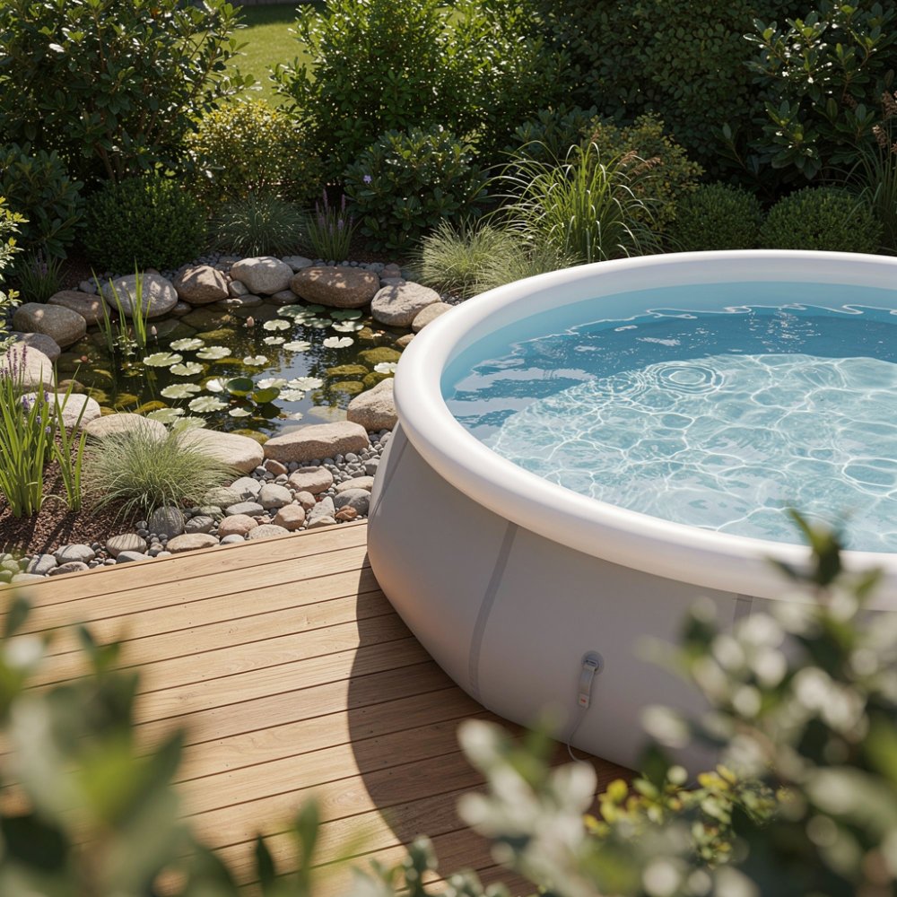 Piscina y estanque de jardín bajo la luz solar de verano