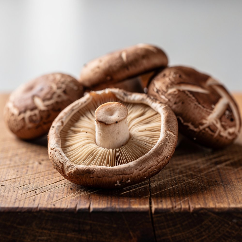 Champiñones shiitake frescos en una tabla de madera