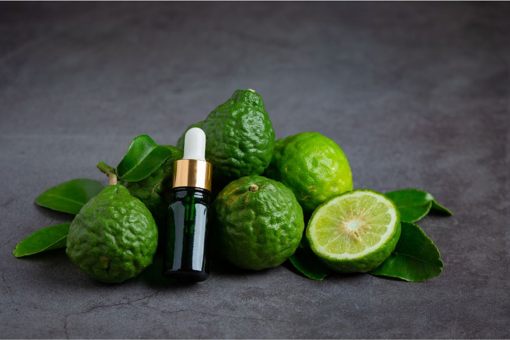 Aceite esencial de bergamota con bergamotas frescas