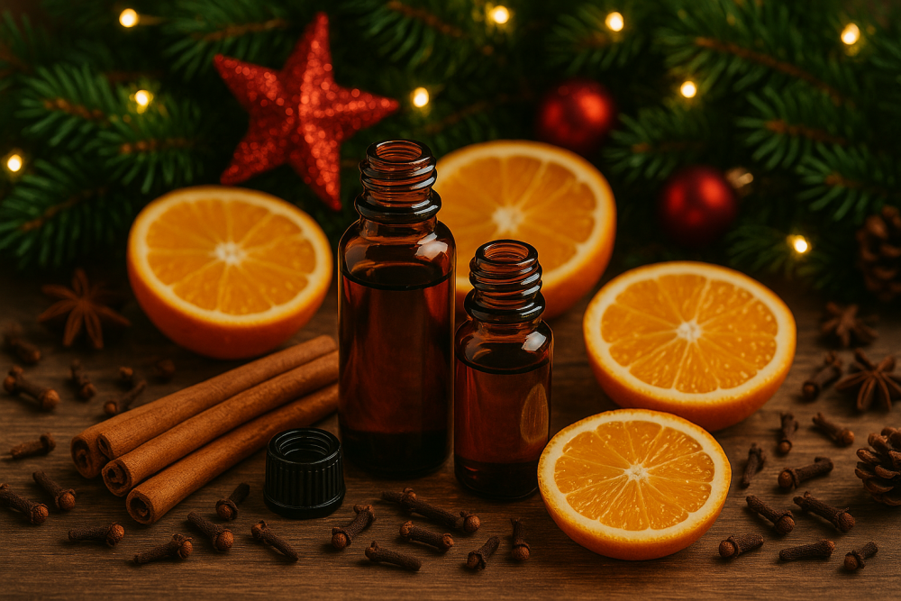 Aceites esenciales con rodajas de naranja, canela y clavo en un arreglo navideño.