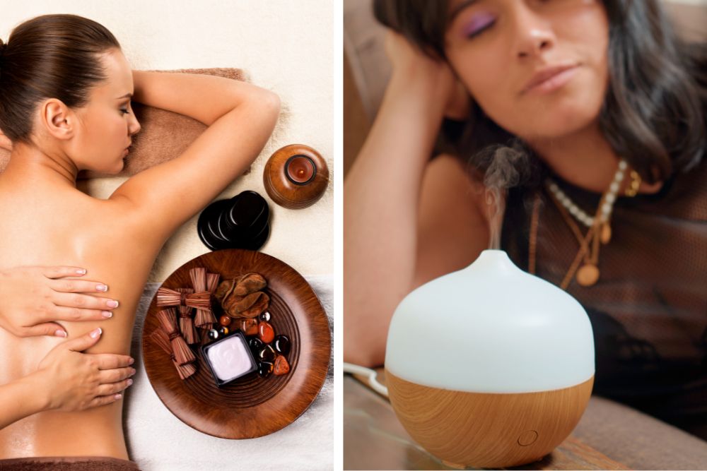 Aromaterapia relajante – difusor con aceite esencial y velas en un ambiente tranquilo