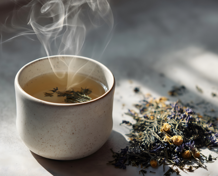 Una taza con una infusión de hierbas caliente y hierbas secas sobre la mesa.