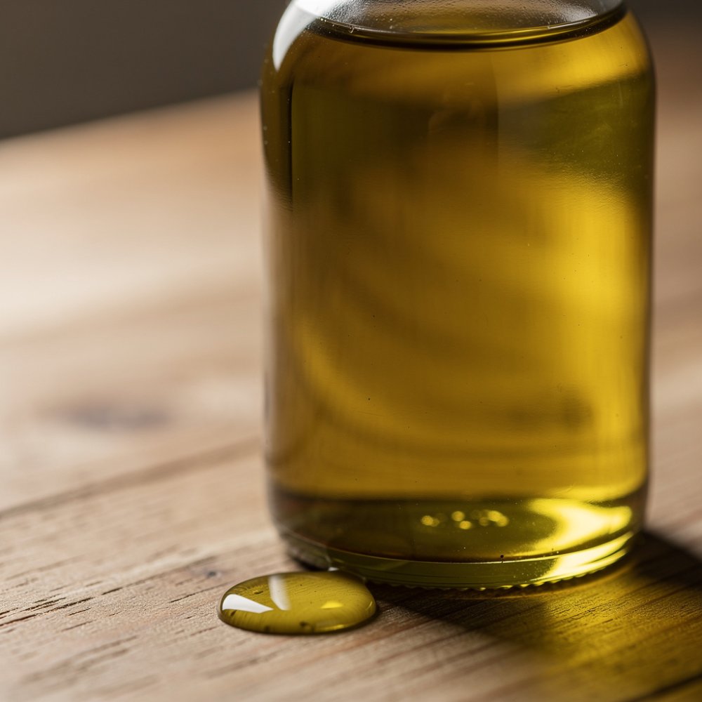 Botella con aceite de cáñamo sobre un fondo de madera Botella con aceite de cáñamo sobre un fondo de madera