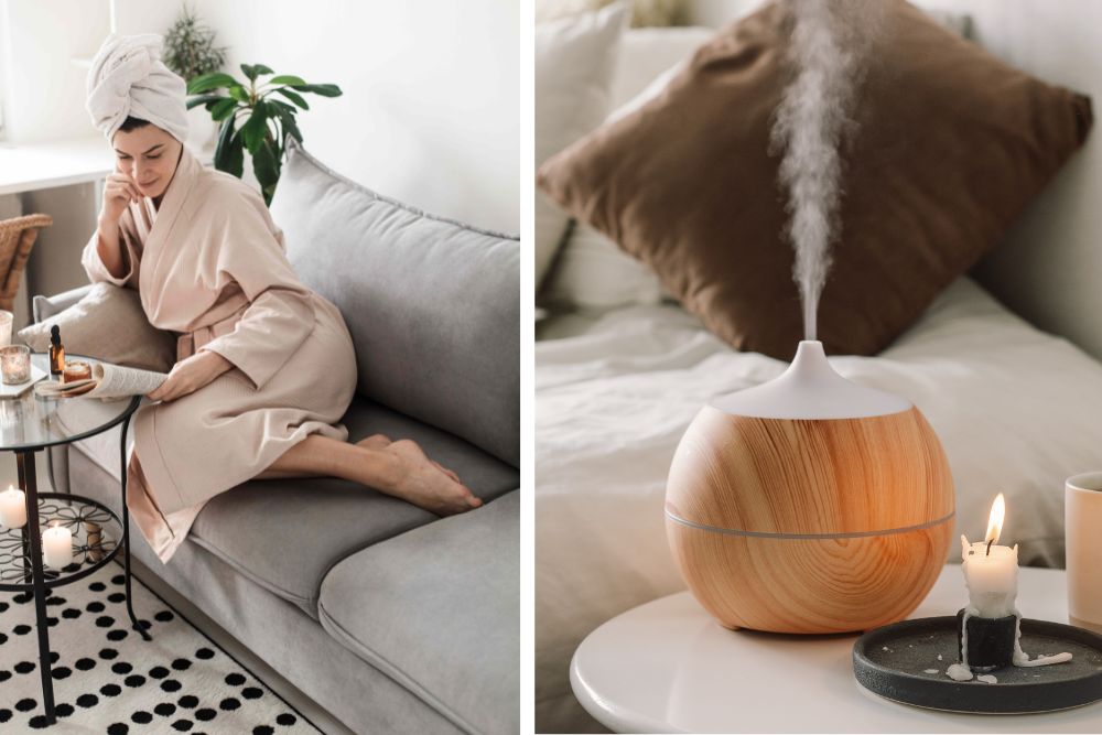 Aromaterapia doméstica con aceites esenciales: descanso, difusor y velas después de comer