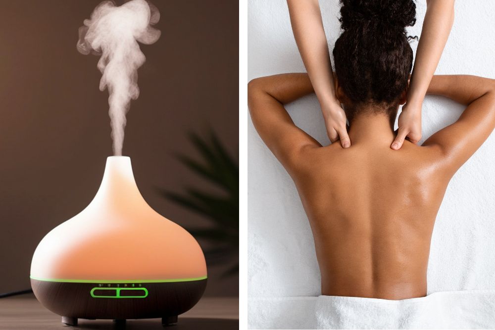 Difusor de aromas con aceite esencial y masaje relajante de espalda para aromaterapia