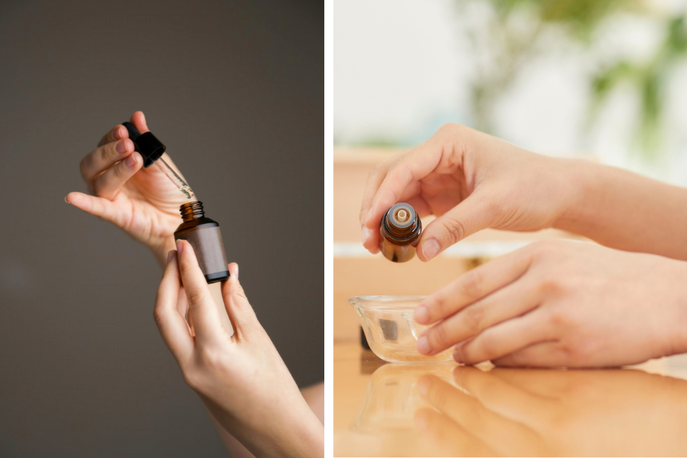 Mezcla de aceites esenciales en un cuenco de cristal: principio sencillo de combinación de aromas para el difusor.