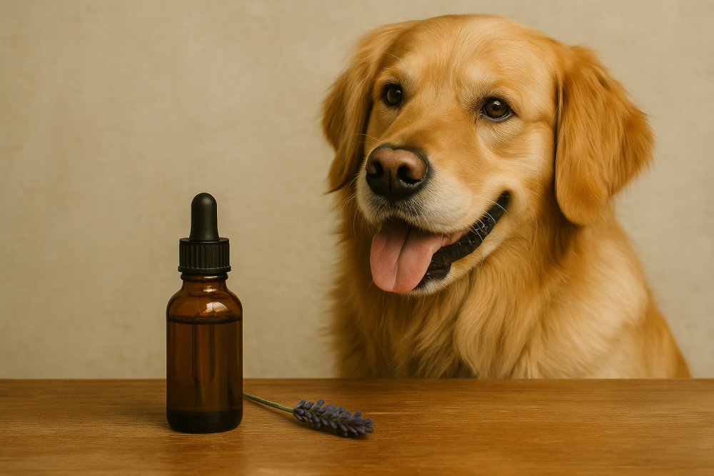 Perro en un interior junto a un frasco de aceite esencial: perfumado suave de un hogar con perros
