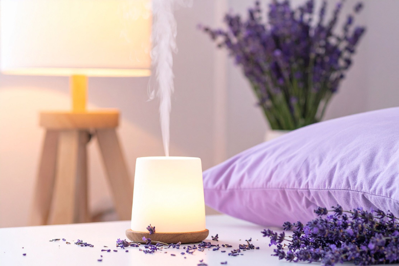 Difusor de aromas con lavanda en la mesita de noche del dormitorio.