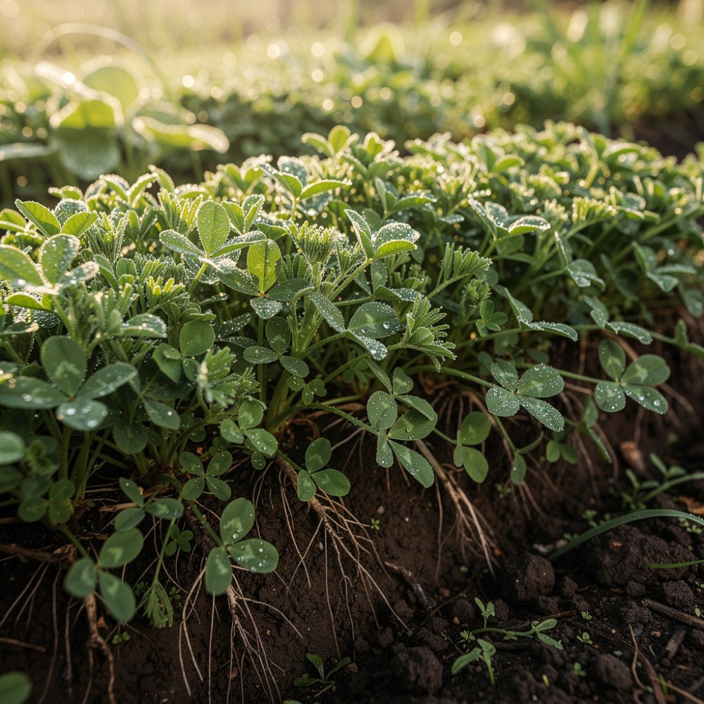 Fertilización verde – campo con leguminosas como trébol y alfalfa