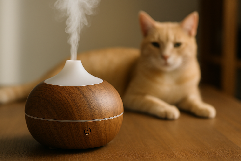 Difusor de aromas en un interior con un gato desenfocado al fondo: uso cuidadoso de los aceites esenciales en un hogar con animales