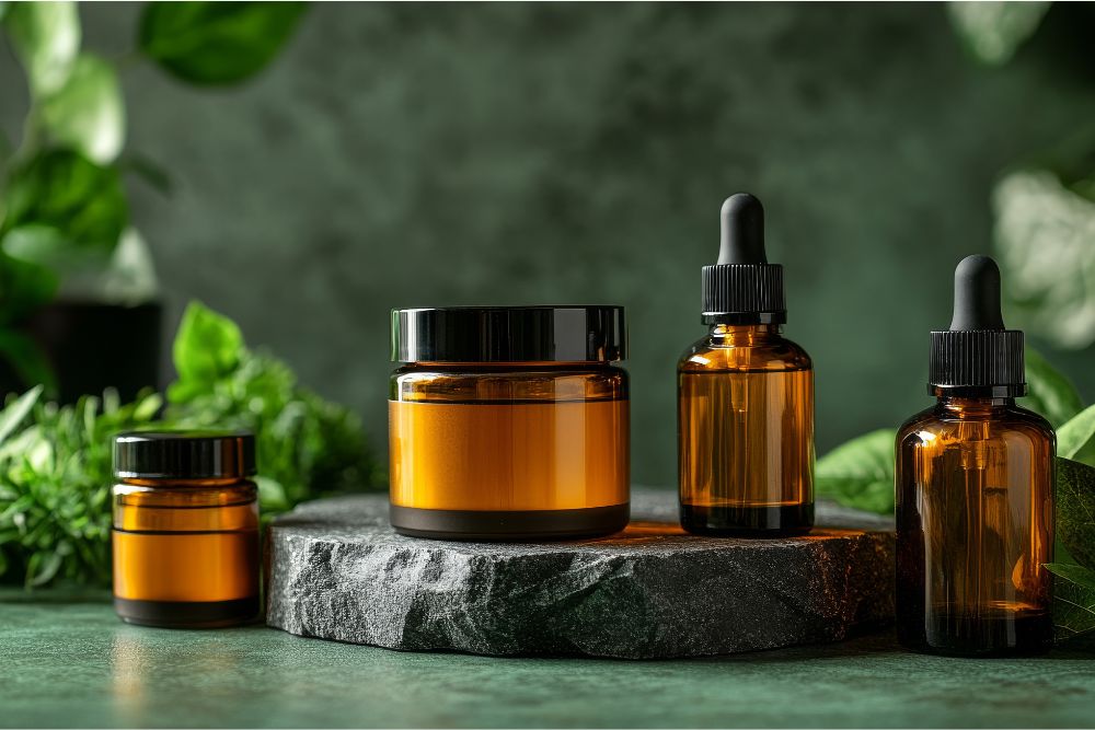 Frasquitos con aceites esenciales sobre un fondo natural – cuidado cosmético natural.