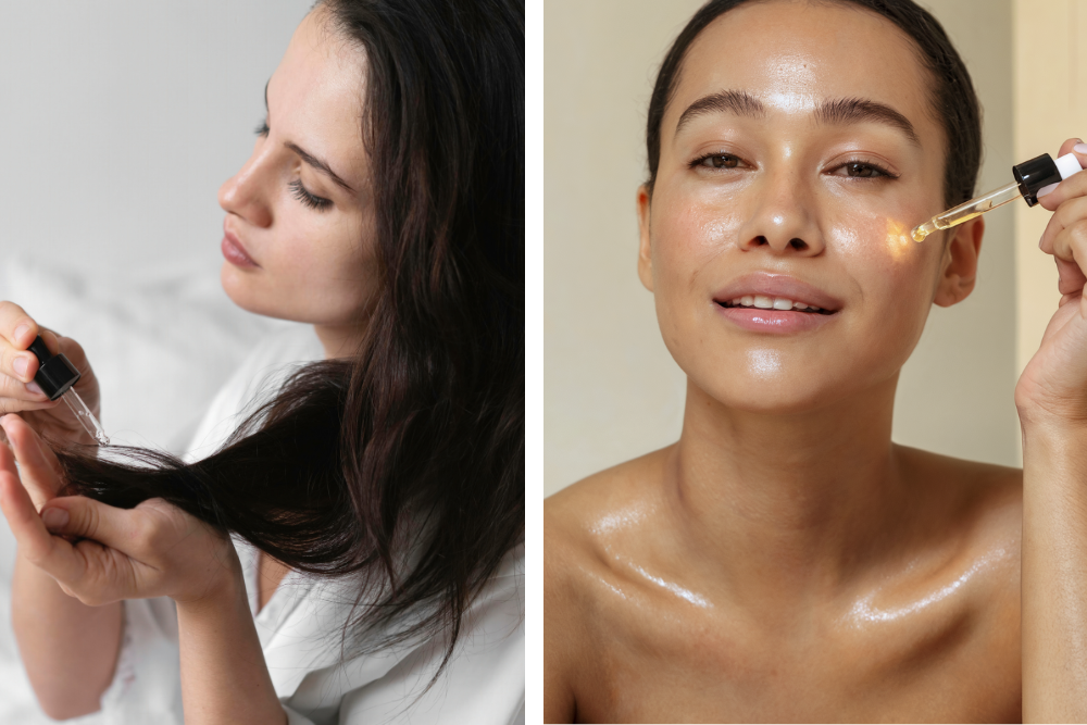 Mujer aplicando aceite cosmético con un cuentagotas sobre la piel y el cabello como parte de un cuidado nutritivo