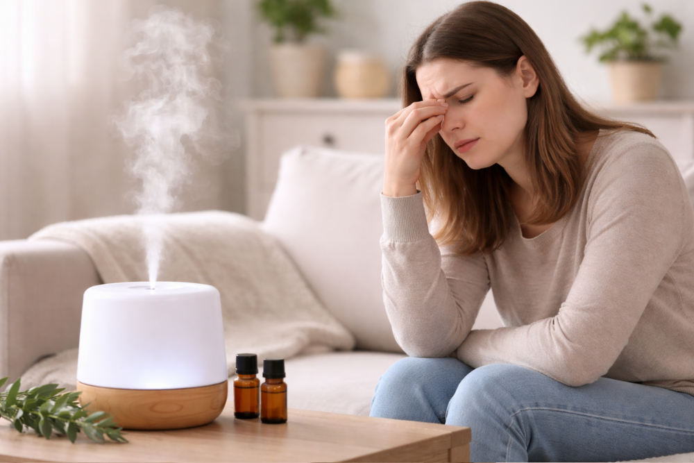 Mujer sentada junto a un difusor de aromas que percibe de forma desagradable un aroma demasiado intenso en la habitación