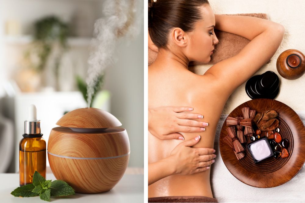 Frascos de vidrio con aceites esenciales para aromaterapia y para mejorar el ánimo