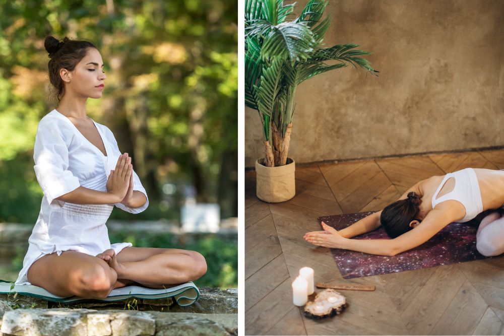 Mujer meditando con varillas de incienso en un ritual espiritual