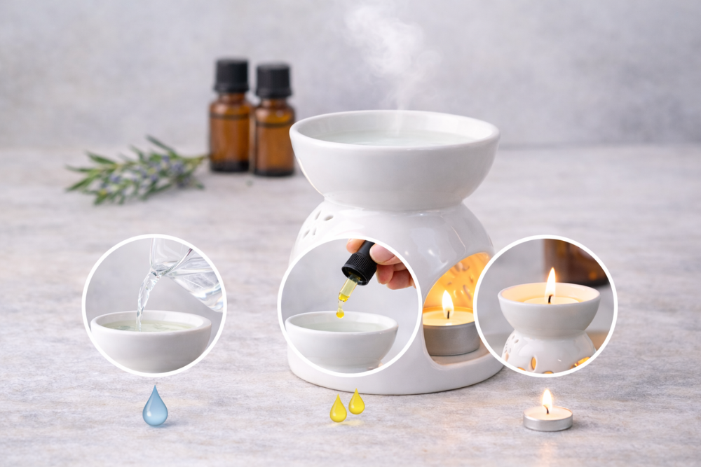 Procedimiento de uso del quemador de aromas: verter agua, añadir gotas de aceite esencial y calentar con una vela