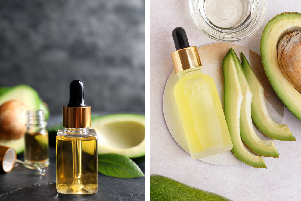 Aceite de aguacate en un cuentagotas cosmético junto a un aguacate abierto, ilustración de la textura más densa del aceite