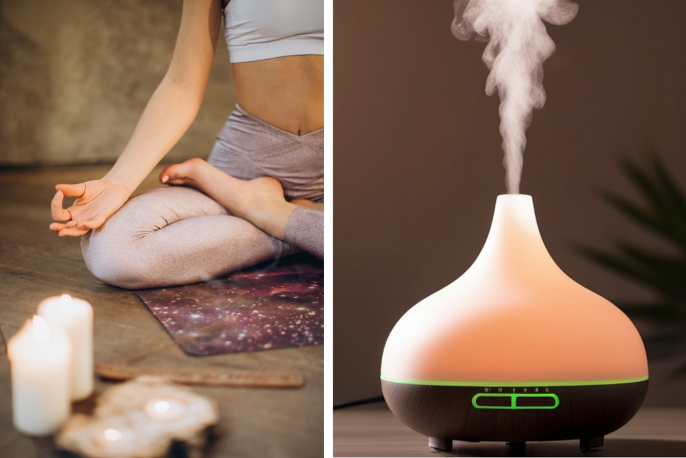 Una mujer relajándose y un difusor de aromas con vapor suave: ambiente de aromaterapia casera y calma.