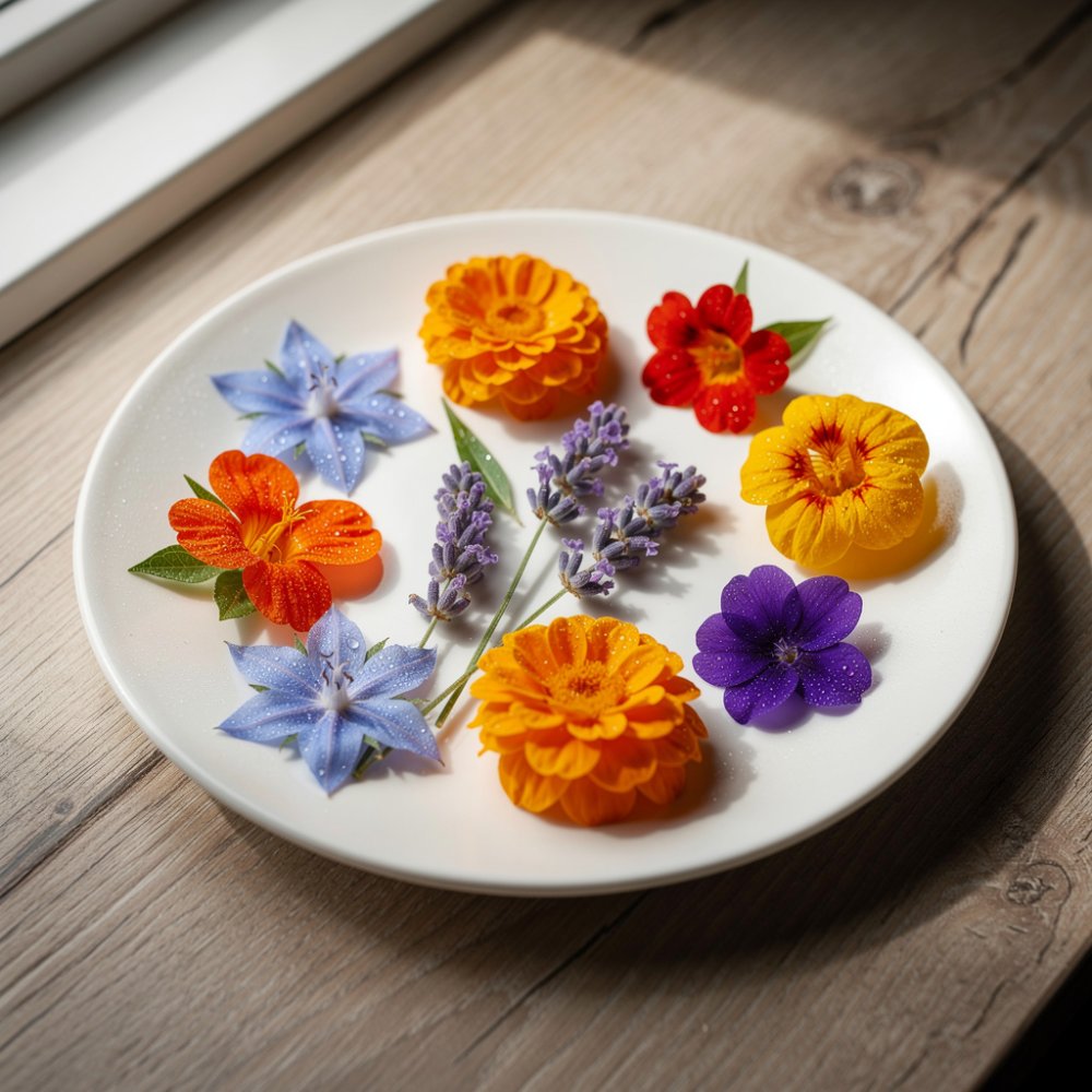 Mezcla colorida de flores comestibles en el plato