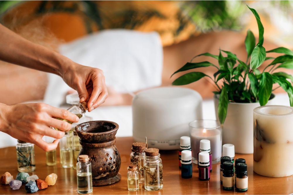 Aceites esenciales y materias primas para preparar mezclas aromaterapéuticas de relajación