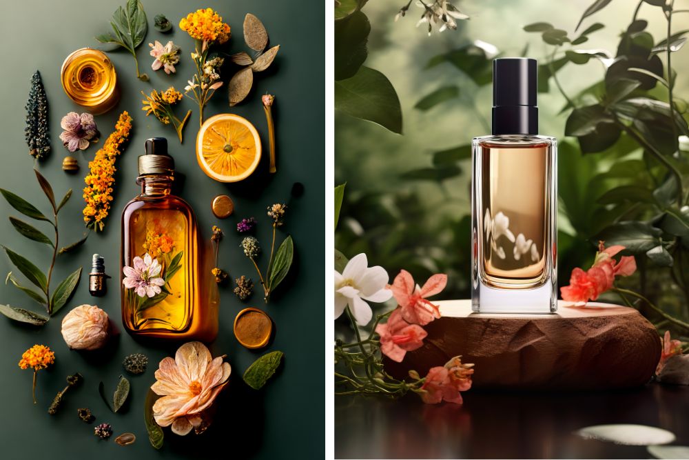 Aceites de masaje ayurvédicos con ingredientes naturales y recipientes tradicionales para aromaterapia