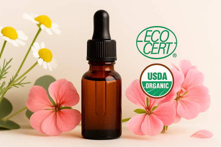 Frasco de aceite esencial con flores y logotipos de ECOCERT y USDA Organic.