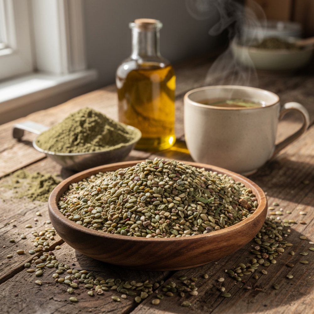 Semillas de cáñamo crudas, botella de aceite de cáñamo y taza de té de cáñamo