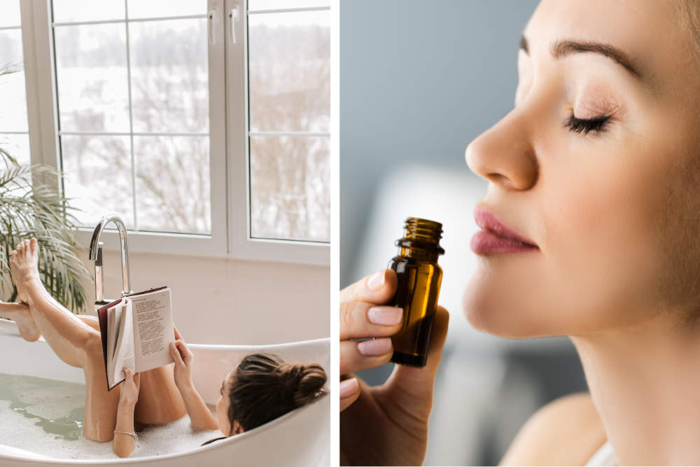 Aceite esencial de neroli en un ritual doméstico: suave perfumado del espacio y una breve pausa para calmarse.