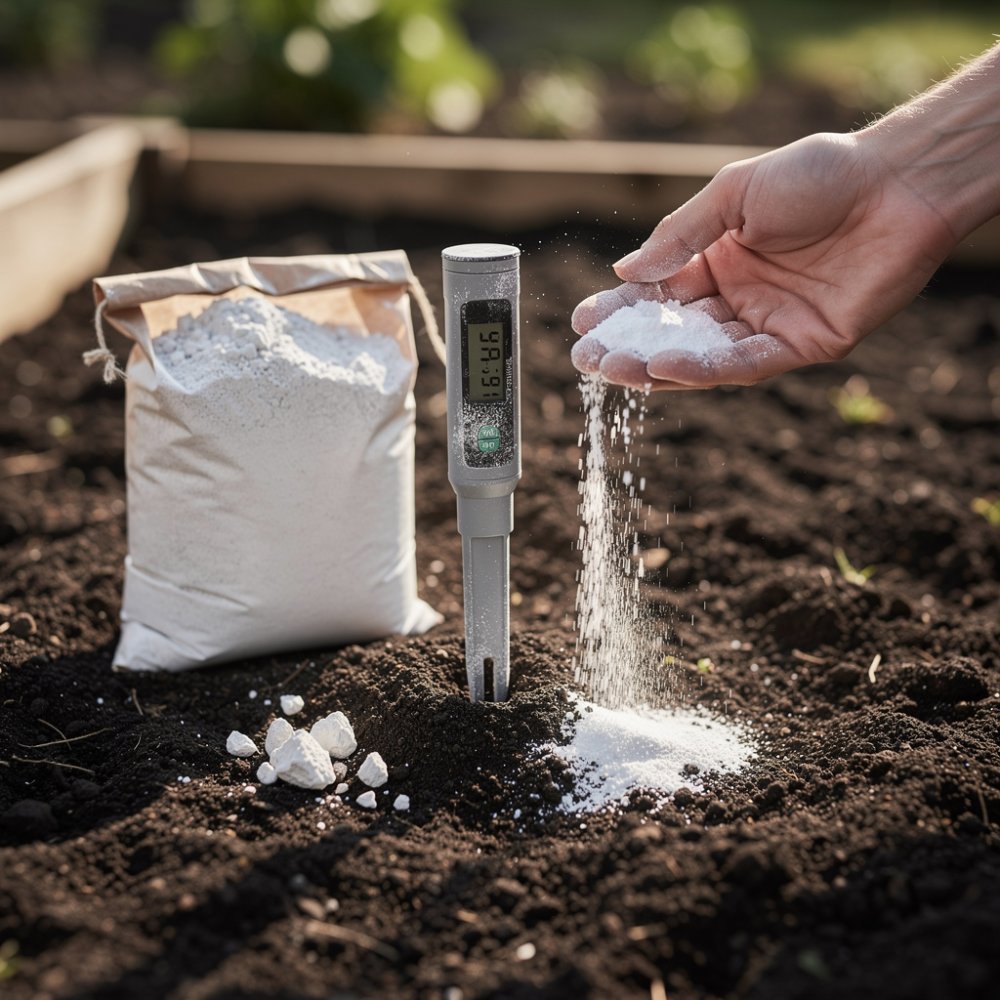 Suelo con medidor de pH y polvo de cal en la superficie