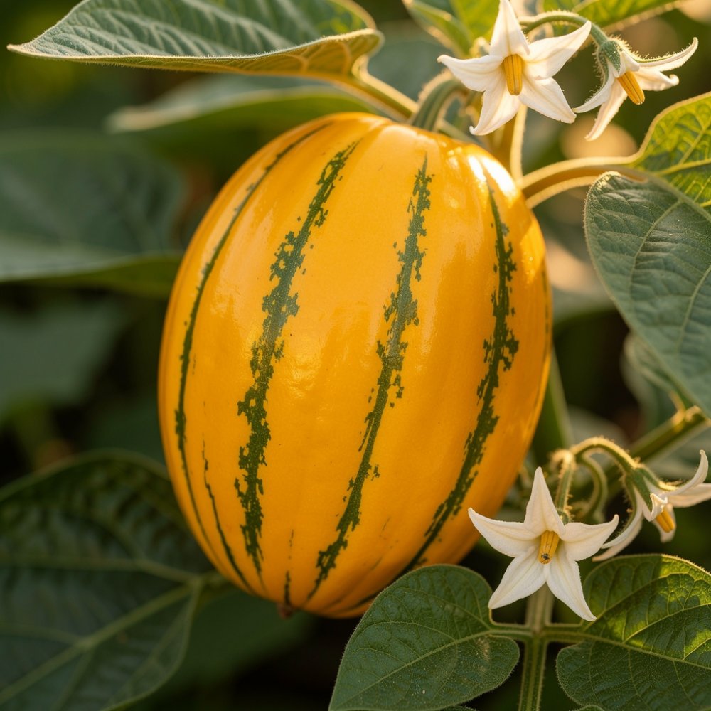 Pepino gold maduro en la planta, cultivo amarillo anaranjado con rayas verde oscuro Pepino gold maduro en la planta, cultivo amarillo anaranjado con rayas verde oscuro