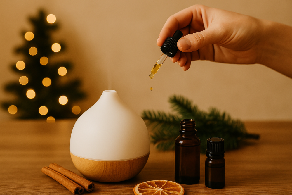Una gota de aceite esencial cayendo en un difusor de aromas con decoraciones navideñas.