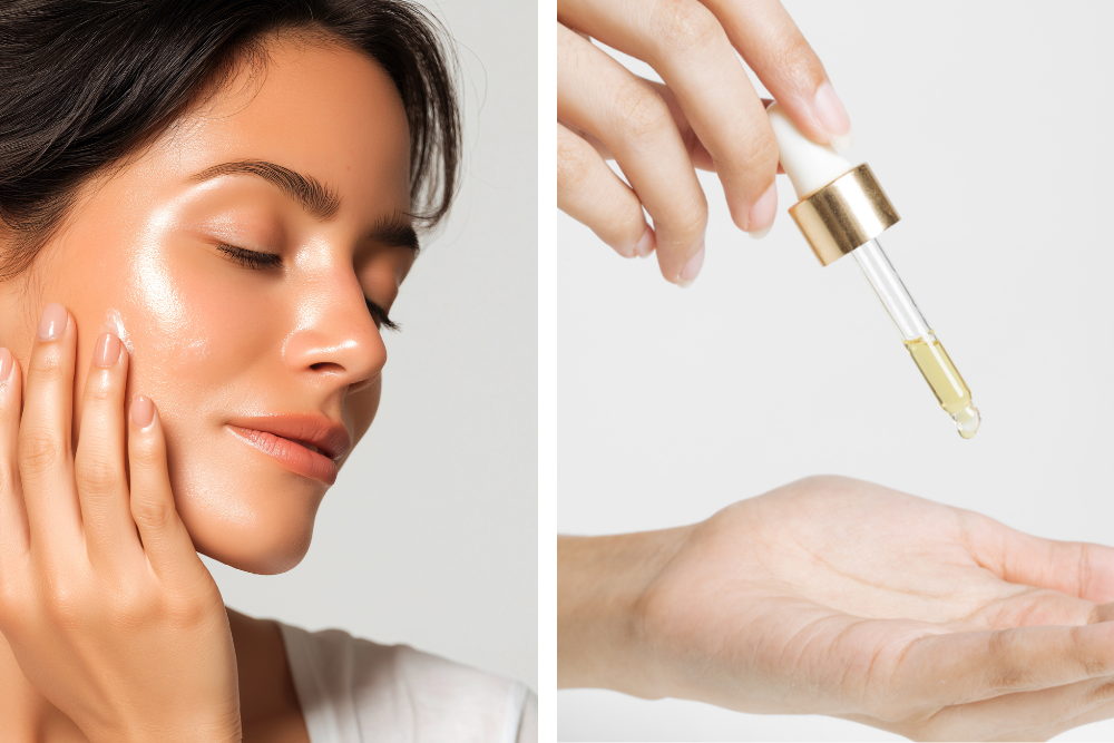 Mujer aplicando aceite de jojoba sobre la piel con un cuentagotas: detalle de la aplicación de un aceite facial natural