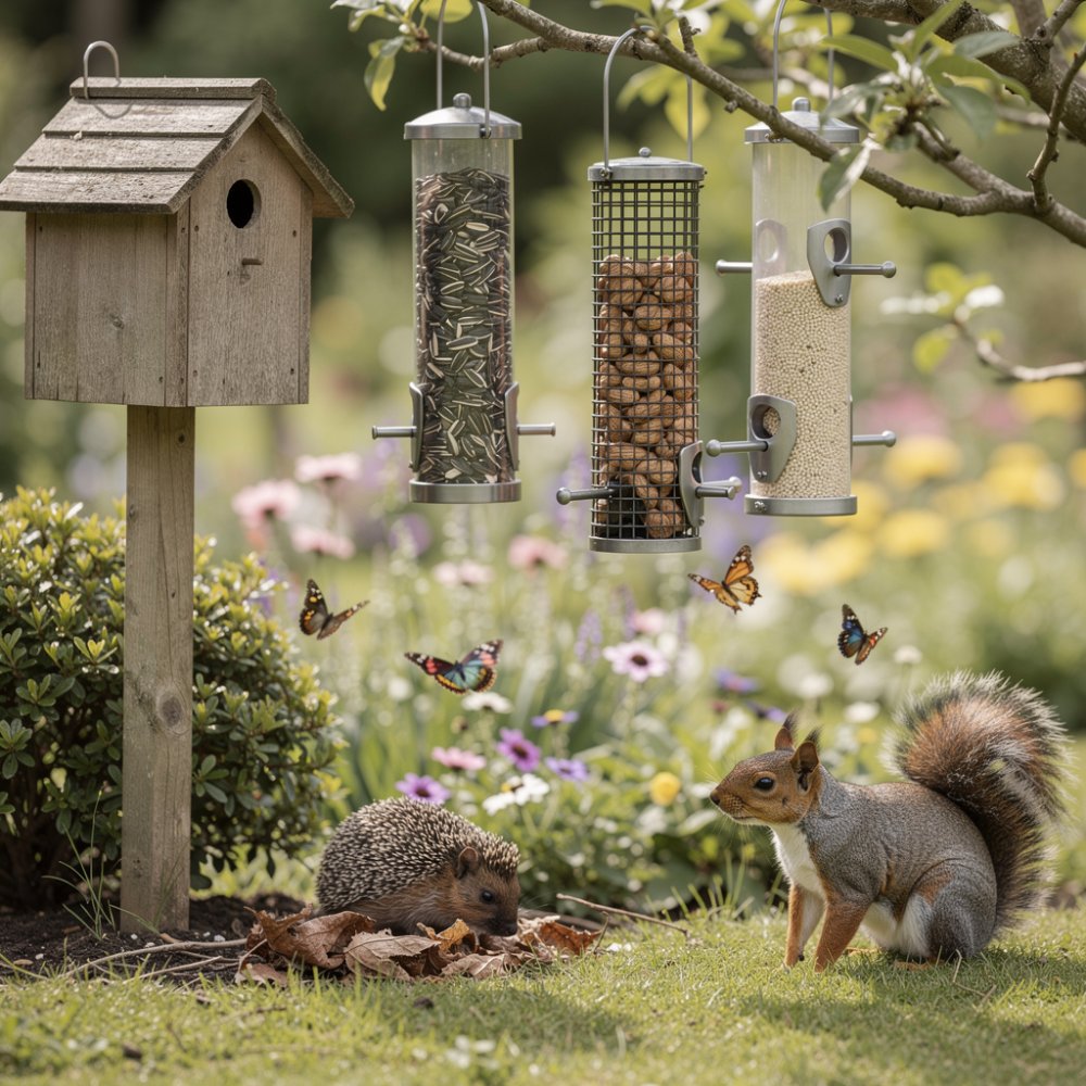 Aves alimentándose de comederos colgantes en el jardín