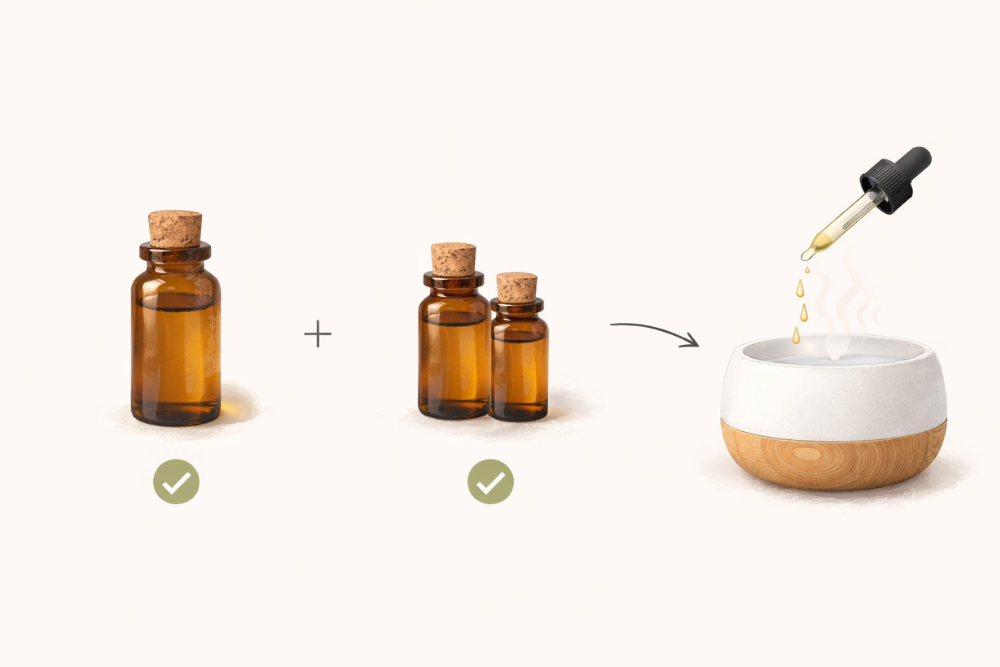 Sencilla guía ilustrada: aceite principal + aceite complementario + unas gotas en el difusor para un aroma agradable.