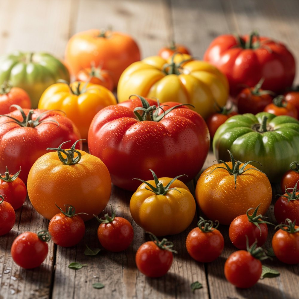 Diferentes variedades de tomates frescos sobre un fondo de madera
