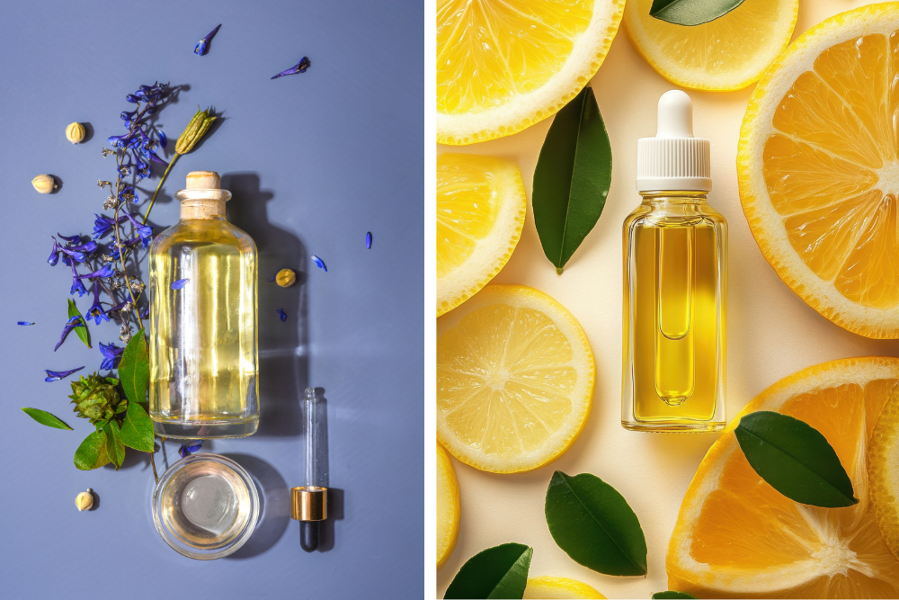 Frasco de cristal con aceite: inspiración para combinar aceites portadores y esenciales en el cuidado casero.