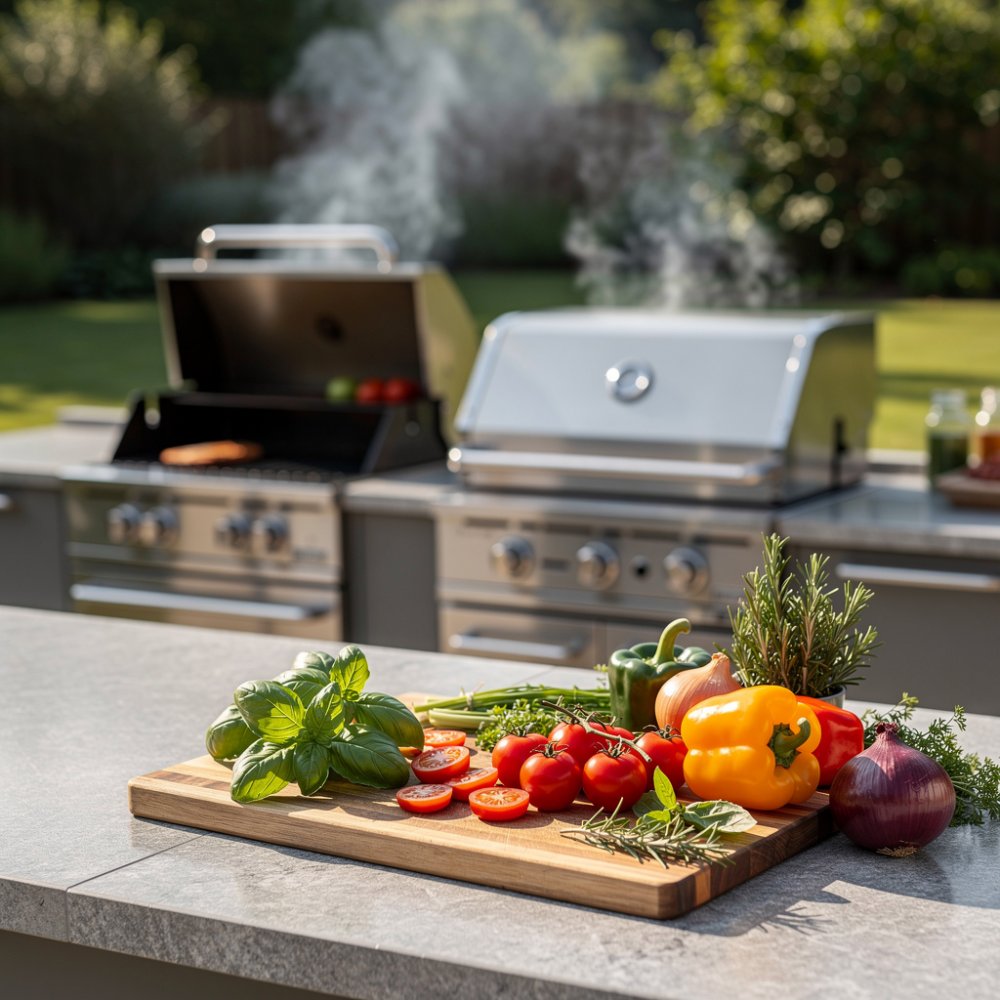 Cocina exterior moderna con parrilla y hierbas frescas