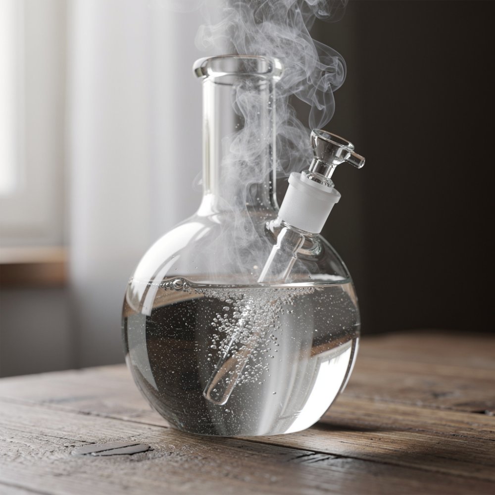 Bong de vidrio con agua y humo