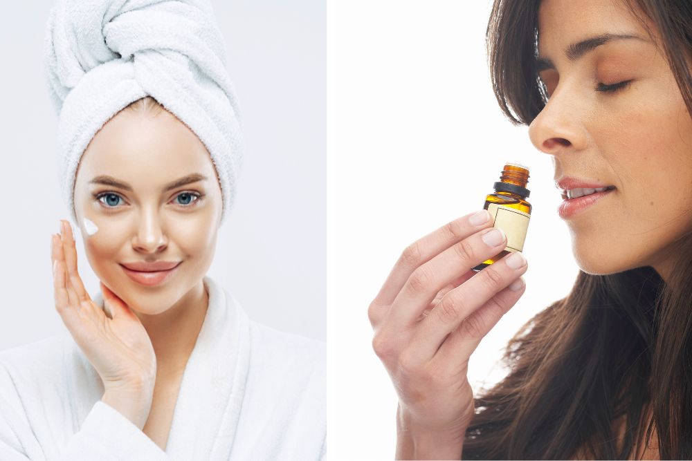 Una mujer aplica una crema con aceite esencial de lavanda y, en aromaterapia, huele un frasco: cuidado natural de la piel.