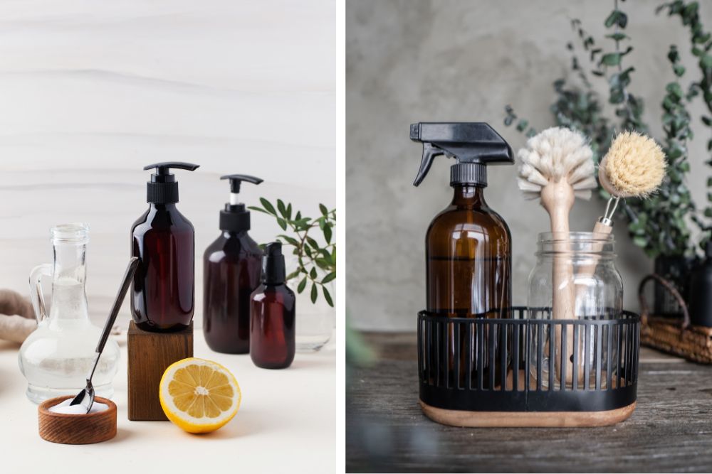 Productos de limpieza naturales con aceite de limón en la encimera de la cocina